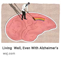 WSJ image of man painting an image of a rainbow on a brain with caption, "Living well, even with Alzheimer's." for article on diagnosis and treatment of Alzheimer's dementia.